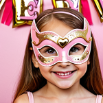 A child wearing a handcrafted pastel pink Sofy Ruby mask with glittery gold accents, smiling at a themed party with Sofy Ruby decorations in the background. The mask has felt heart details around the eyes.