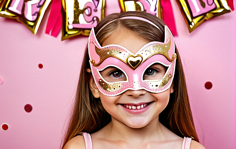 A child wearing a handcrafted pastel pink Sofy Ruby mask with glittery gold accents, smiling at a themed party with Sofy Ruby decorations in the background. The mask has felt heart details around the eyes.