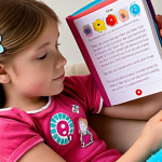 **A young girl with a Sophie Ruby plush doll, reading a Sophie Ruby interactive book with stickers.**