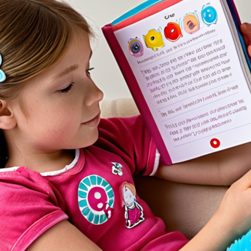 **A young girl with a Sophie Ruby plush doll, reading a Sophie Ruby interactive book with stickers.**
