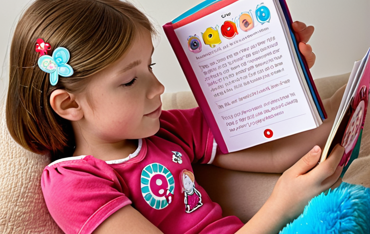 **A young girl with a Sophie Ruby plush doll, reading a Sophie Ruby interactive book with stickers.**