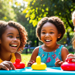 **Prompt:** A group of diverse children joyfully playing with Sophie Ruby toys in a sunlit park. Focus on capturing the children's smiles and the vibrant colors of the toys, illustrating themes of friendship and inclusion. Style: Whimsical, bright, illustration.