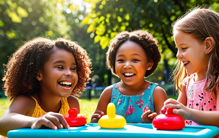 **Prompt:** A group of diverse children joyfully playing with Sophie Ruby toys in a sunlit park. Focus on capturing the children's smiles and the vibrant colors of the toys, illustrating themes of friendship and inclusion. Style: Whimsical, bright, illustration.