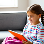 A young child with perfect anatomy and natural proportions, fully clothed in modest, comfortable attire, sitting attentively on a clean, modern sofa. The child is looking at a tablet displaying a vibrant, animated educational video, reminiscent of Sofyruby, filled with bright colors and cheerful characters. The living room is brightly lit, creating a calm and joyful learning environment. A parent's hand is subtly visible in the foreground, indicating responsible co-viewing. professional photography, high resolution, correct proportions, well-formed hands, natural pose, safe for work, appropriate content, fully clothed, family-friendly.