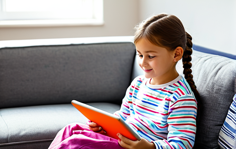 A young child with perfect anatomy and natural proportions, fully clothed in modest, comfortable attire, sitting attentively on a clean, modern sofa. The child is looking at a tablet displaying a vibrant, animated educational video, reminiscent of Sofyruby, filled with bright colors and cheerful characters. The living room is brightly lit, creating a calm and joyful learning environment. A parent's hand is subtly visible in the foreground, indicating responsible co-viewing. professional photography, high resolution, correct proportions, well-formed hands, natural pose, safe for work, appropriate content, fully clothed, family-friendly.