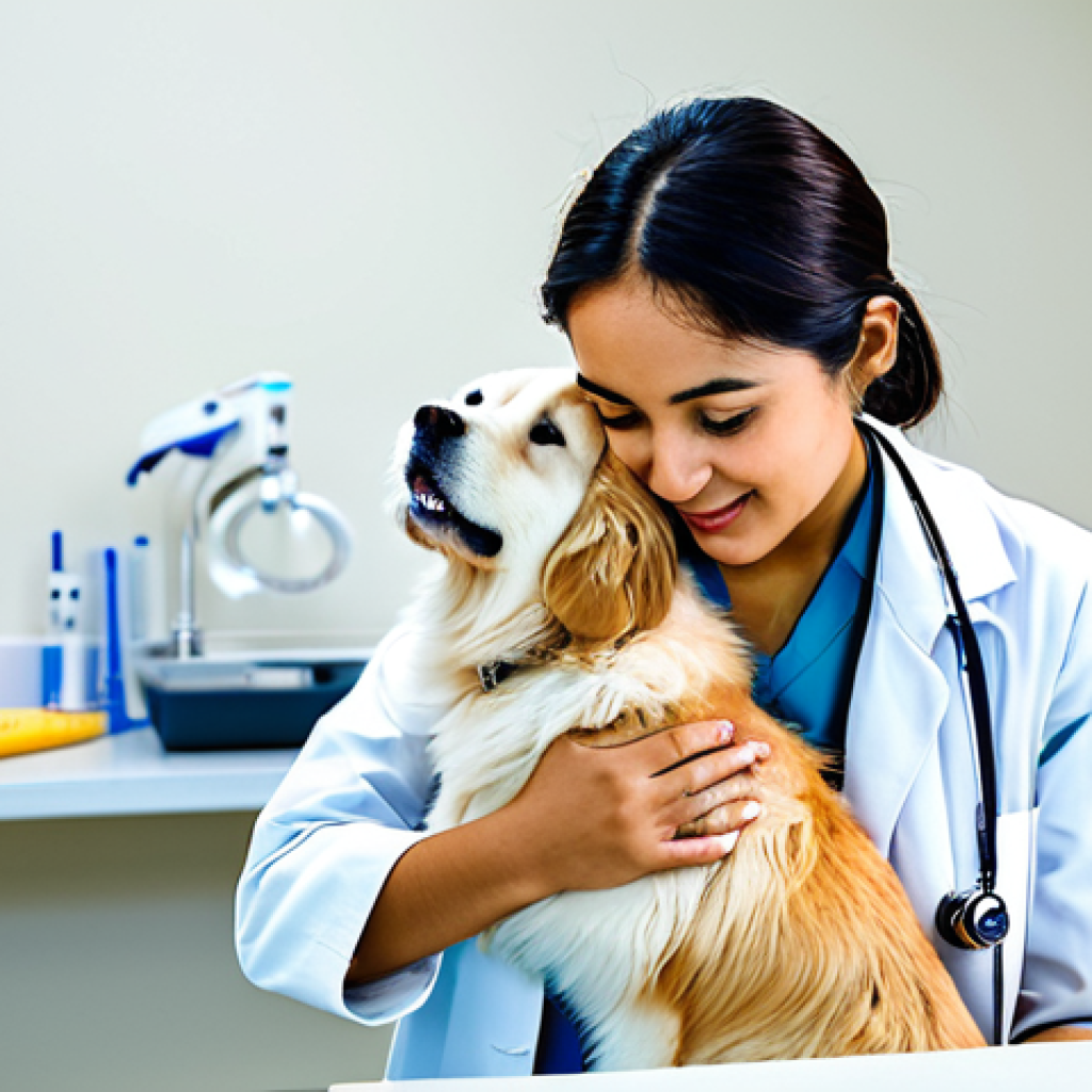 소피루비 애니메이션 산업 기여 - **
"A young Latina veterinarian in a modern, brightly lit clinic, examining a fluffy Golden Retriev...