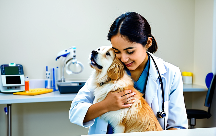 소피루비 애니메이션 산업 기여 - **

"A young Latina veterinarian in a modern, brightly lit clinic, examining a fluffy Golden Retriev...