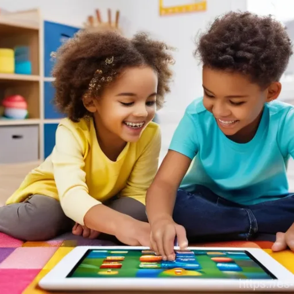 소피루비 모바일 앱 활용 - **Prompt:** "A group of three diverse children, approximately 4-7 years old, are seated comfortably ...