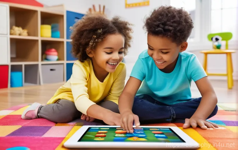 소피루비 모바일 앱 활용 - **Prompt:** "A group of three diverse children, approximately 4-7 years old, are seated comfortably ...