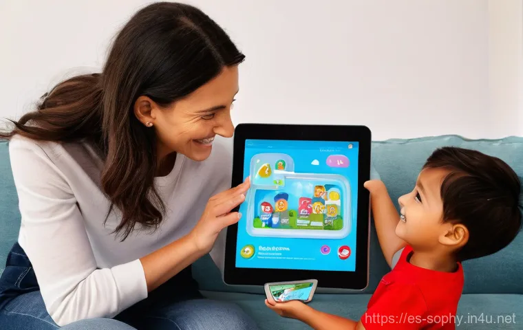소피루비 모바일 앱 활용 - **Prompt:** "A single child, around 5-6 years old, is focused intently on a tablet, utilizing the cr...