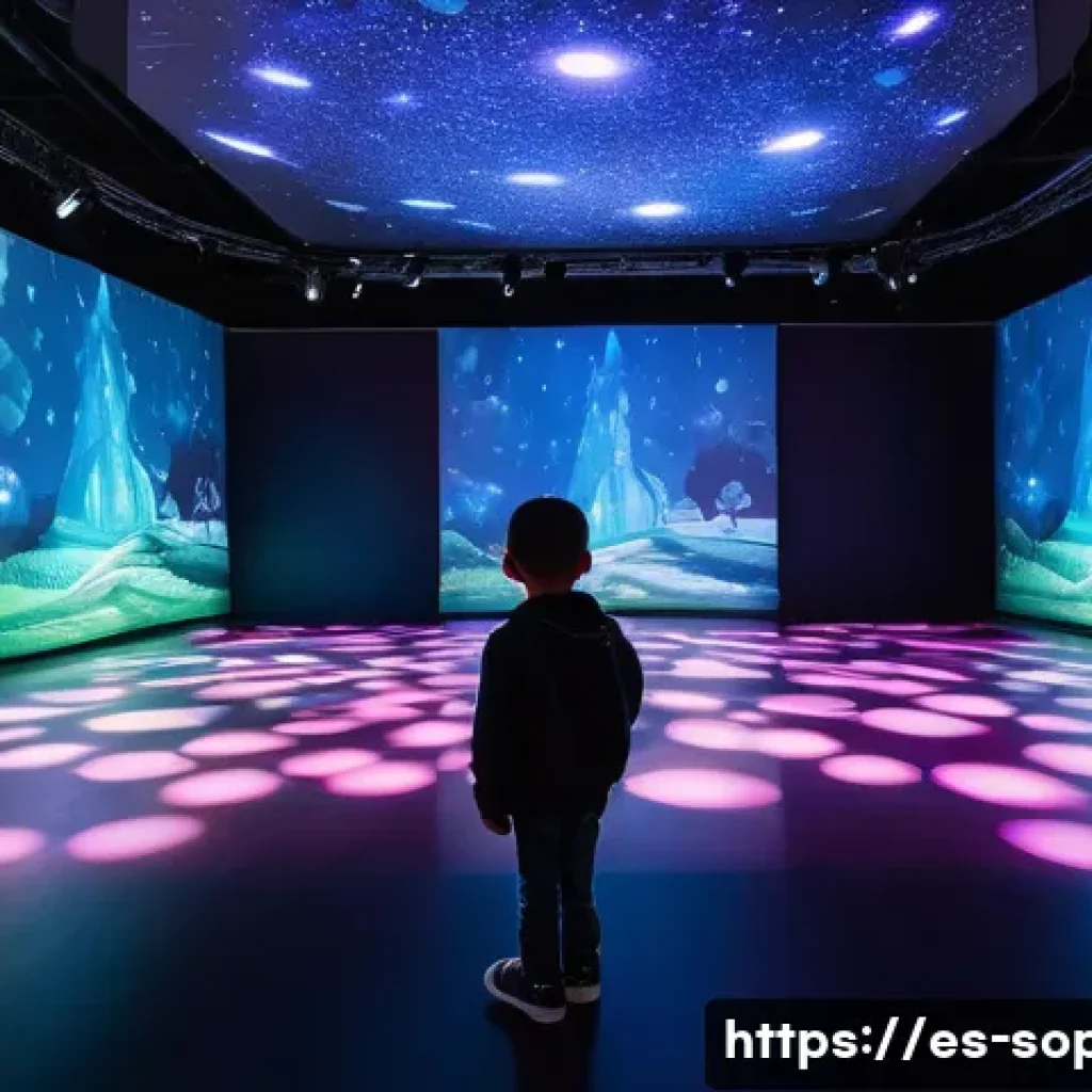 소피루비 해외 전시회 - **Prompt 1: "A captivating, immersive exhibition hall filled with soft, dynamic lighting that create...