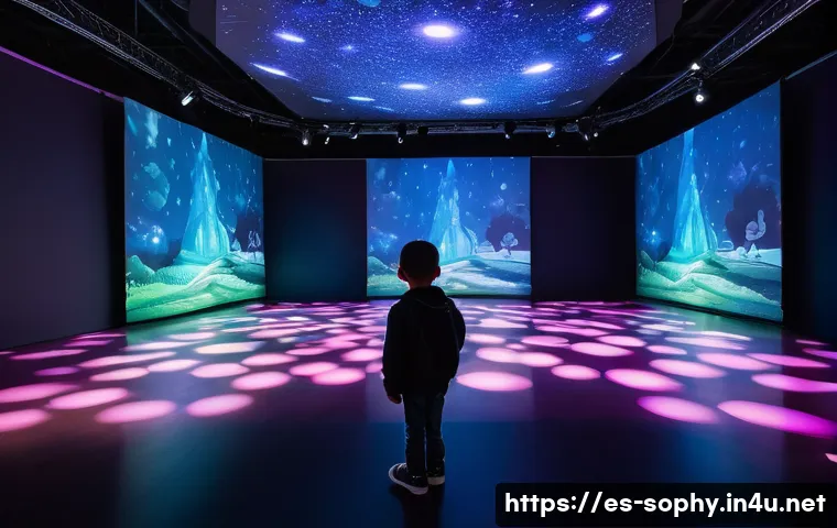 소피루비 해외 전시회 - **Prompt 1: "A captivating, immersive exhibition hall filled with soft, dynamic lighting that create...