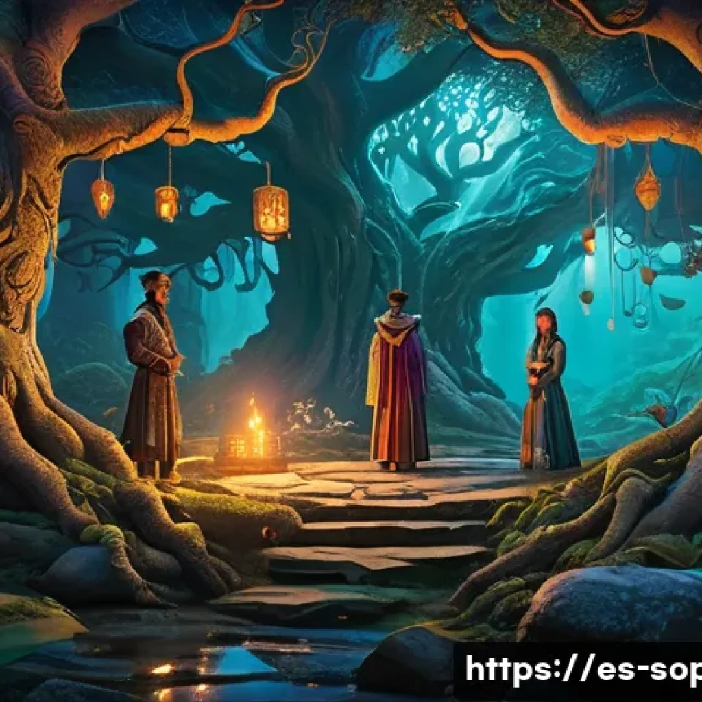 소피루비 세계관 - A richly detailed fantasy scene depicting an ancient enchanted forest at twilight, with towering, gn...
