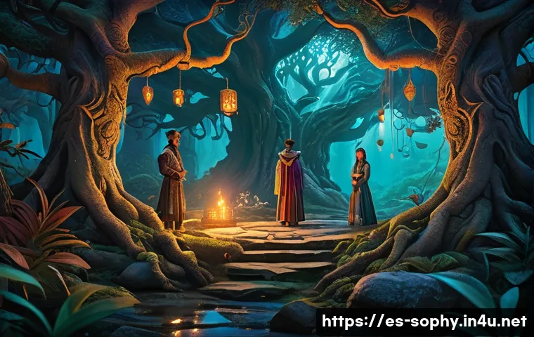 소피루비 세계관 - A richly detailed fantasy scene depicting an ancient enchanted forest at twilight, with towering, gn...