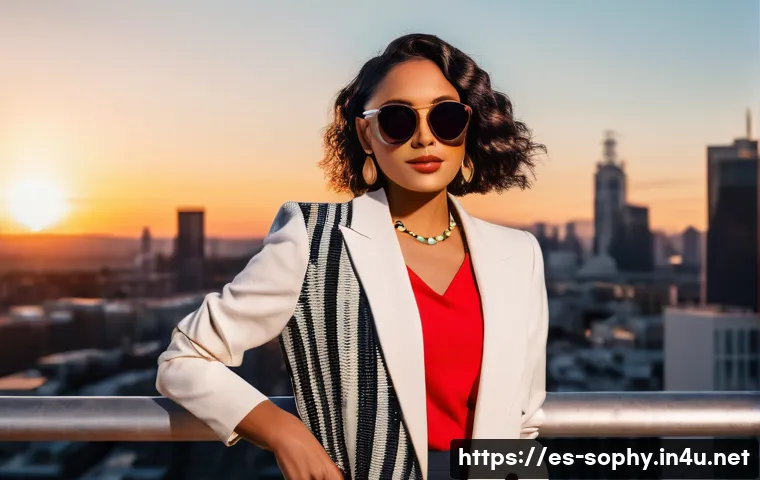 소피루비 시즌별 변화 - A confident female influencer standing in a modern urban setting at sunset, wearing a stylish outfit...