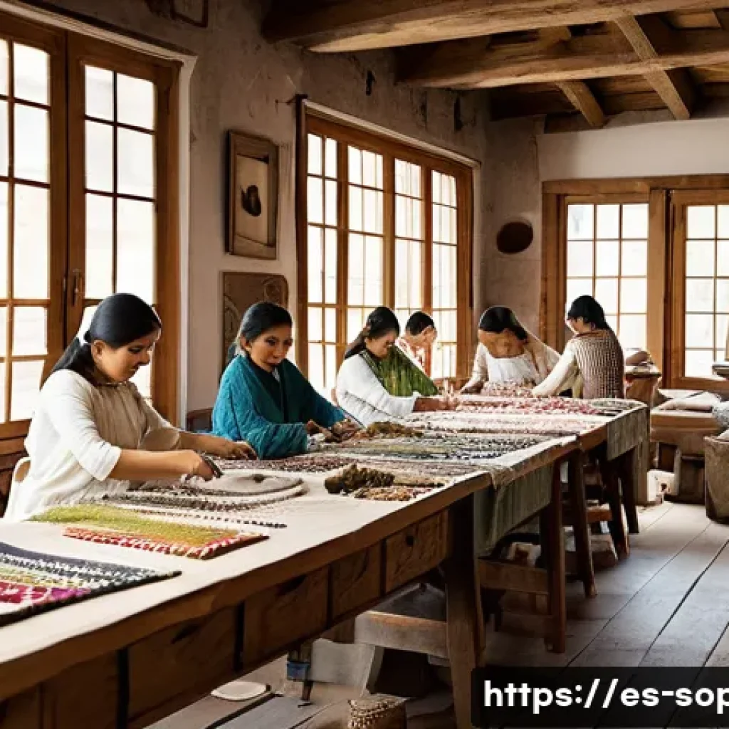 소피루비 제작 과정 탐구 - A sophisticated artisan workshop scene showcasing skilled craftsmen and craftswomen meticulously emb...