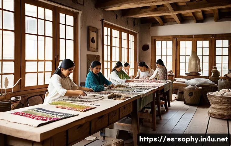 소피루비 제작 과정 탐구 - A sophisticated artisan workshop scene showcasing skilled craftsmen and craftswomen meticulously emb...