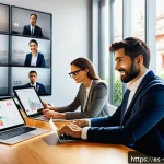Home 20 소피루비의 기술적 진보 - A modern digital workspace showing a diverse team of Spanish professionals collaborating remotely vi...