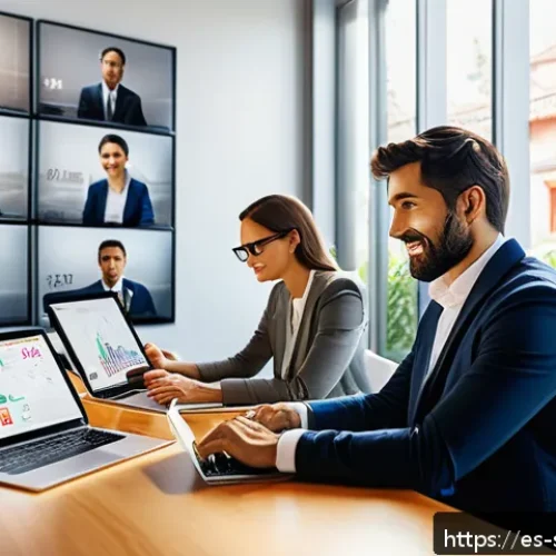 Home 32 소피루비의 기술적 진보 - A modern digital workspace showing a diverse team of Spanish professionals collaborating remotely vi...