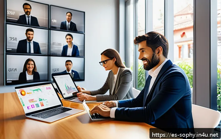 소피루비의 기술적 진보 - A modern digital workspace showing a diverse team of Spanish professionals collaborating remotely vi...
