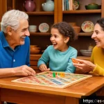 Home 19 소피루비 관련 보드게임 - A warm, lively family scene around a wooden dining table in a cozy Spanish home, with three generati...