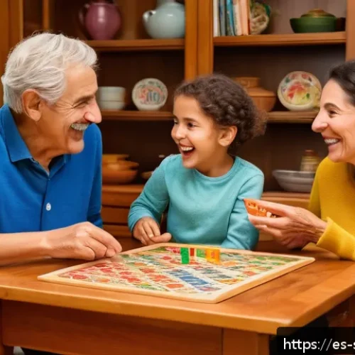 Home 31 소피루비 관련 보드게임 - A warm, lively family scene around a wooden dining table in a cozy Spanish home, with three generati...