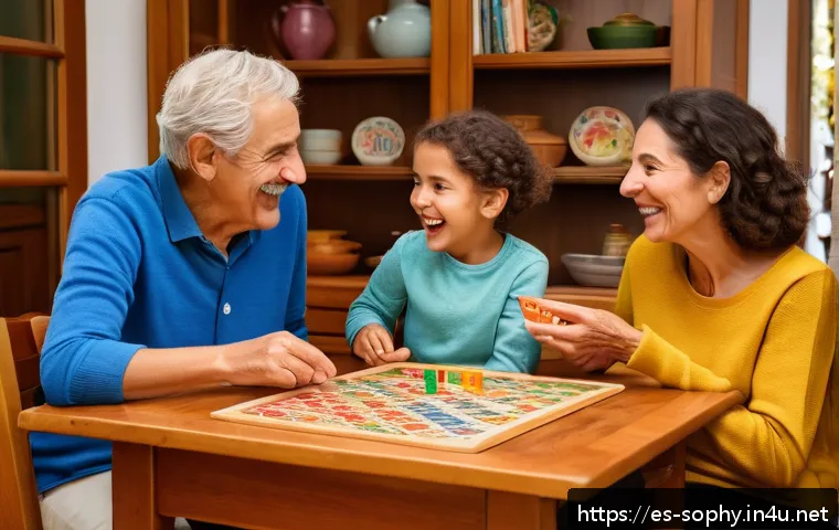 소피루비 관련 보드게임 - A warm, lively family scene around a wooden dining table in a cozy Spanish home, with three generati...