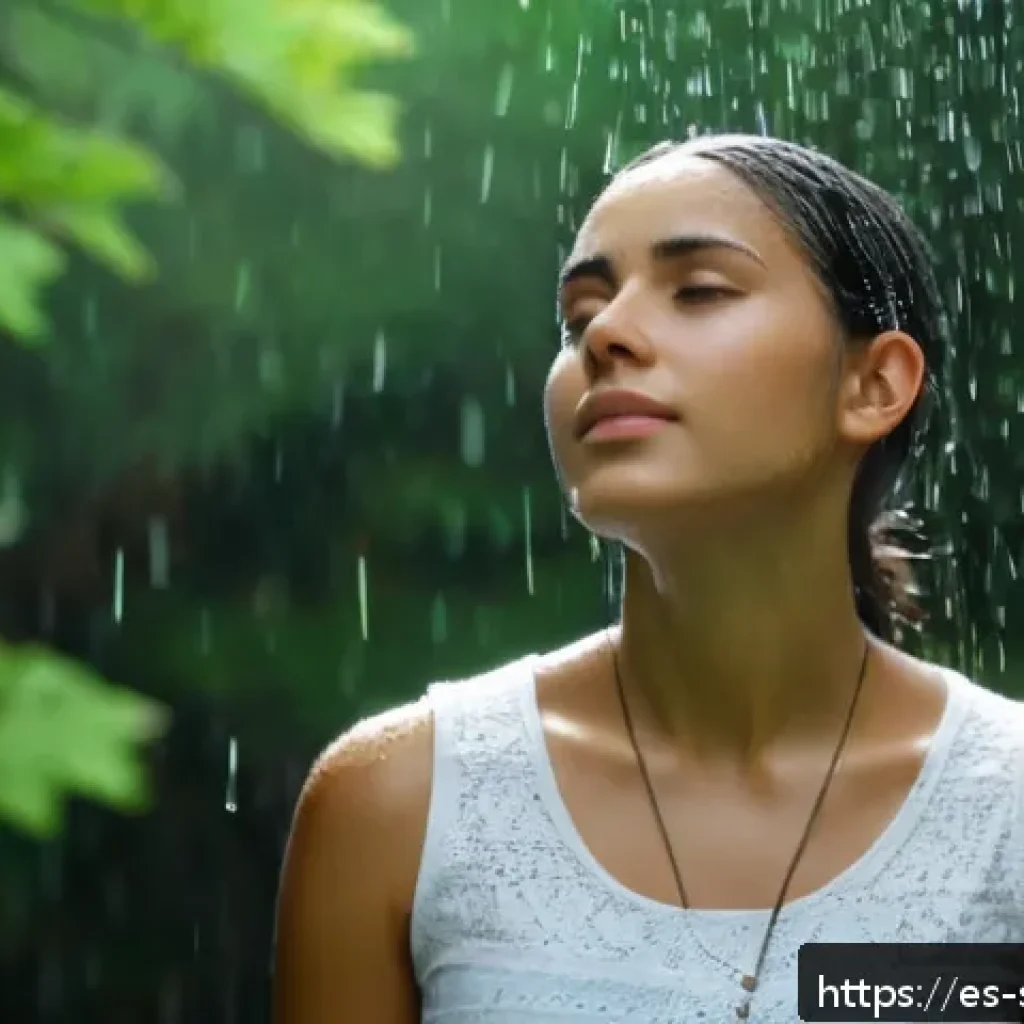 소피루비 속 주요 상징적 소재 - A young woman standing under a gentle rain shower in a serene natural setting, her face contemplativ...