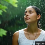 Home 18 소피루비 속 주요 상징적 소재 - A young woman standing under a gentle rain shower in a serene natural setting, her face contemplativ...