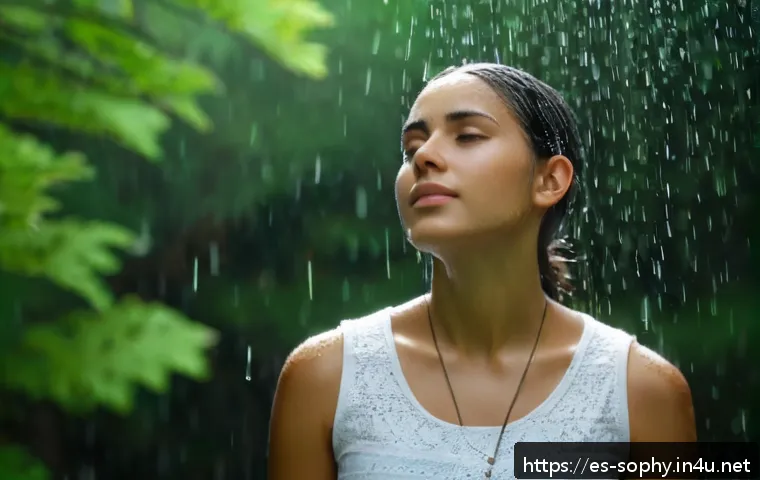 소피루비 속 주요 상징적 소재 - A young woman standing under a gentle rain shower in a serene natural setting, her face contemplativ...