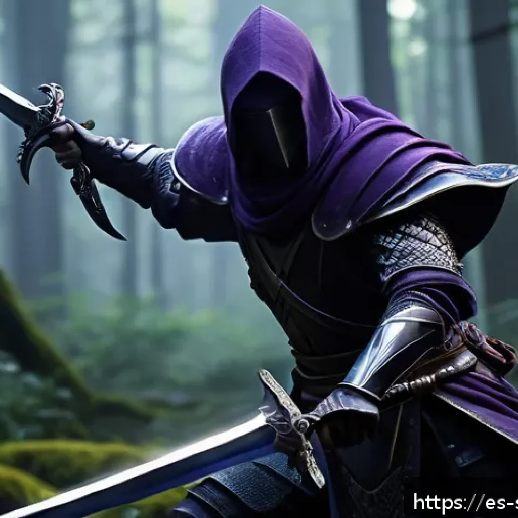 소피루비 마법 아이템 분석 - A dynamic close-up of a fantasy dagger named "Shadow Dagger," sleek and dark with a faint purple glo...
