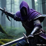 Home 23 소피루비 마법 아이템 분석 - A dynamic close-up of a fantasy dagger named "Shadow Dagger," sleek and dark with a faint purple glo...