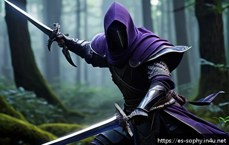 소피루비 마법 아이템 분석 - A dynamic close-up of a fantasy dagger named "Shadow Dagger," sleek and dark with a faint purple glo...