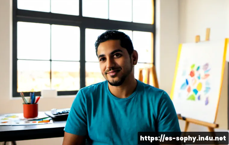 Home 17 소피루비 제작자 인터뷰 - Photorealistic editorial portrait of a Hispanic animation creator being interviewed in a bright mode...