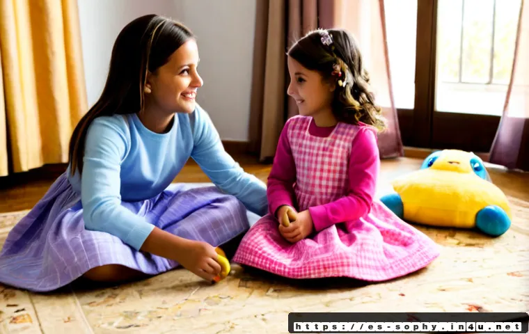 Home 17 소피루비와 놀이문화 - Photorealistic family living room in Spain, two elementary-school girls wearing modest colorful ever...
